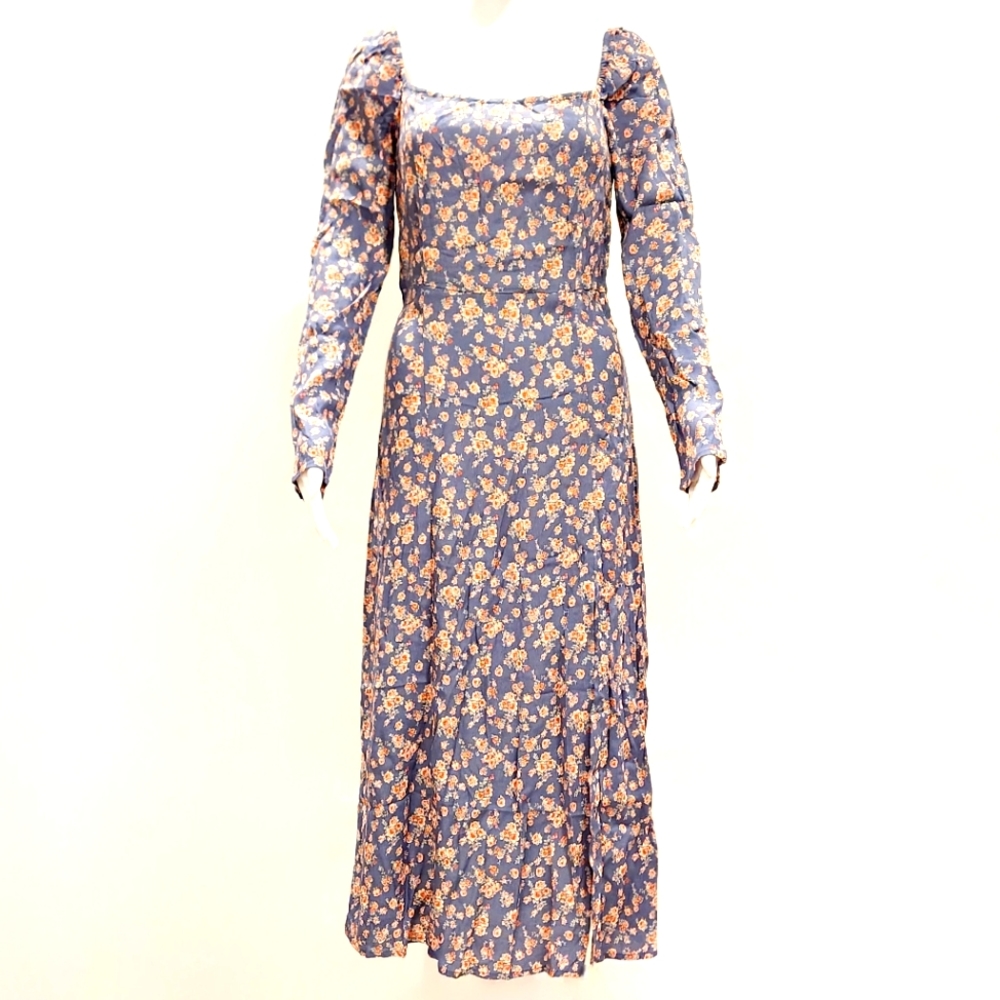 NWT. Woven dress allover floral print, midi length, leg slit.  Size M